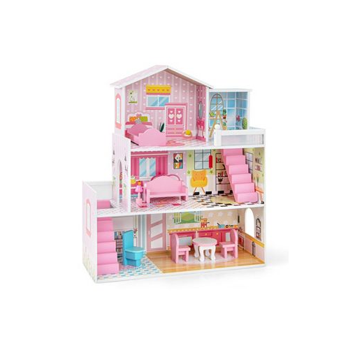 Slickblue Kids Wooden Dollhouse Playset with 5 Simulated Rooms and 10 Pieces of Furniture-Pink