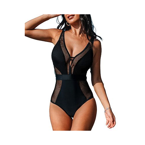 CUPSHE Womens Black Plunging Mesh One-Piece