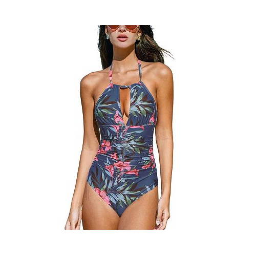 CUPSHE Womens Floral Print Halterneck One Piece Swimsuit