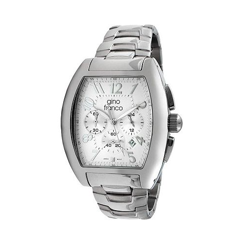 Gino Franco Mens Silver Dial Barrel Shaped Watch with Stainless Steel Bracelet and Chronograph