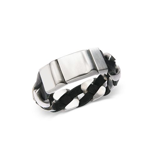 Sutton by Rhona Sutton Stainless Steel and Black Leather Chain Bracelet