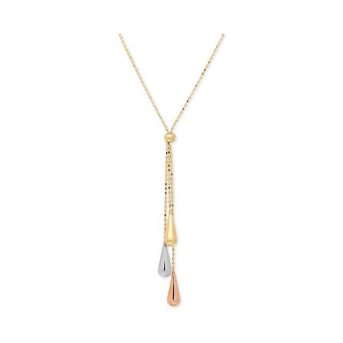 Italian Gold Tri-Gold Lariat Necklace in 14k Gold White Gold and Rose Gold