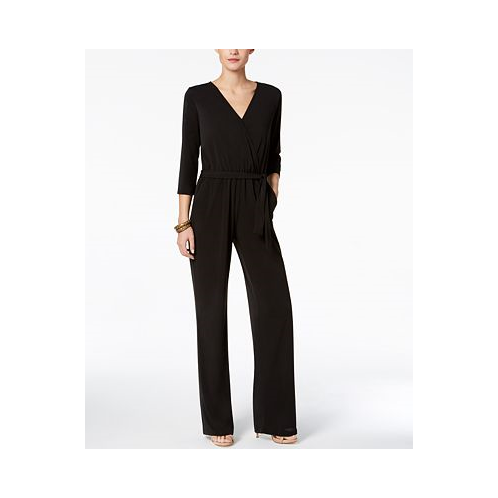 NY Collection Petite 3/4 Sleeve Belted Wide Leg Jumpsuit
