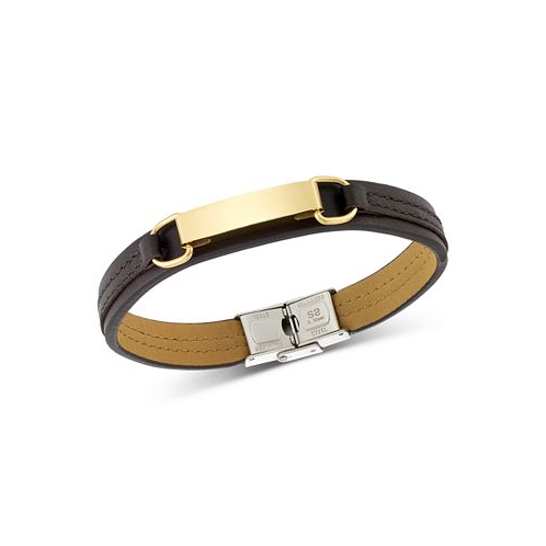 LEGACY for MEN by Simone I. Smith ID Plate Brown Leather Bracelet in Stainless Steel Yellow Ion-Plate