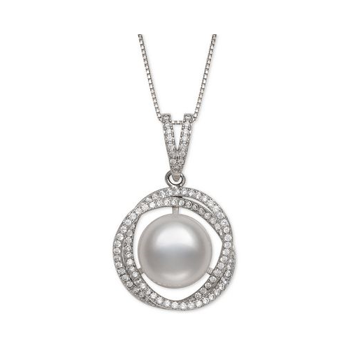Belle de Mer Cultured Freshwater Pearl (11mm) & Cubic Zirconia 18 Pendant Necklace in Sterling Silver