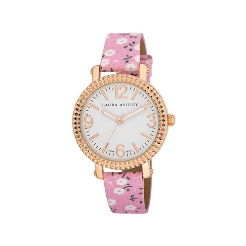 Laura Ashley Womens Pink Floral Band Fluted Bezel Watch