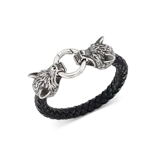 LEGACY for MEN by Simone I. Smith Wolf Head Leather Braided Bracelet in Stainless Steel