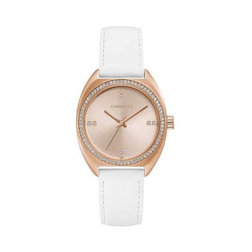 Caravelle Womens Crystal White Leather Strap Watch 32mm