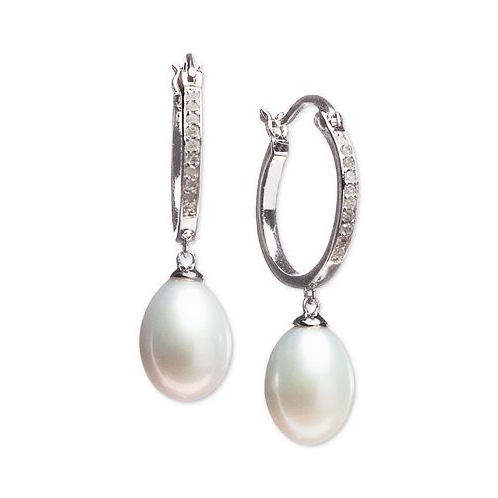 Macys Cultured Freshwater Pearl (7 x 9mm) & Diamond (1/10 ct. t.w.) Hoop Drop Earrings in Sterling Silver