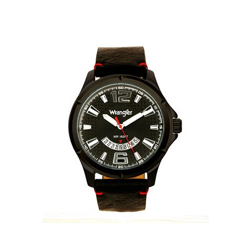 Wrangler Mens Watch 48MM IP Black Case Black Zoned Dial with White Markers and Crescent Cutout Date Function Black Strap with Red Accent Stitch Analog Red Second Hand