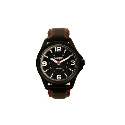 Wrangler Mens Watch 48MM IP Black Case with Cutout Black Dial White Arabic Numerals Black Strap with Red Stitching Analog Red Second Hand