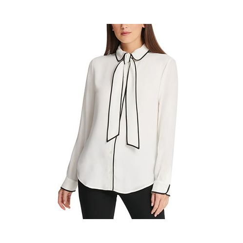 DKNY Petite Piped-Trim Button-Up Blouse