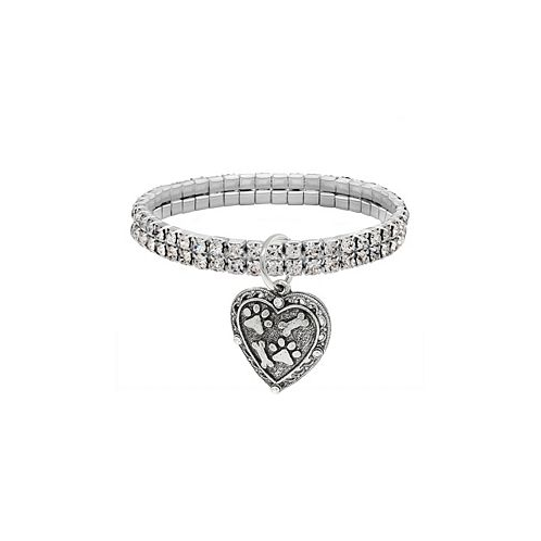 2028 Silver-Tone Two Row Crystal Stretch Bracelet with Paw and Bones Heart Charm