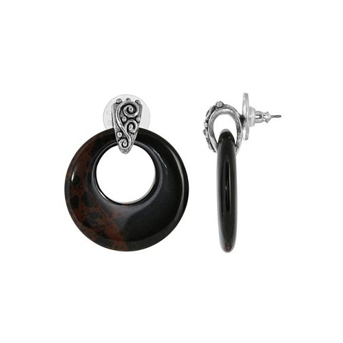 2028 Pewter Semi Precious Round Obsidian Hoop Earrings