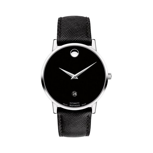 Movado Mens Swiss Automatic Museum Black Calfskin Leather Strap Watch 40mm