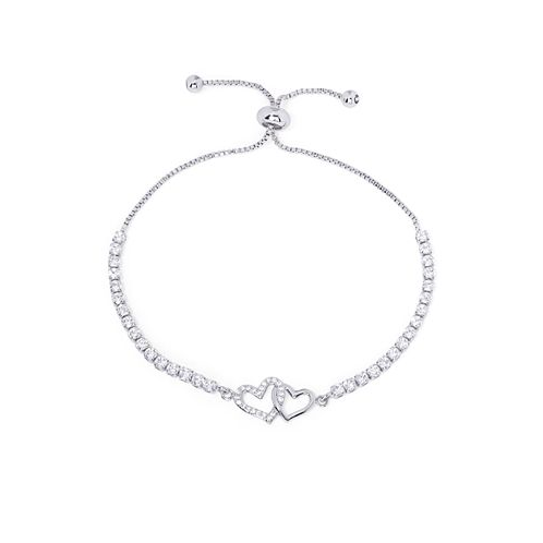 Macys Cubic Zirconia Linked Hearts Adjustable Bolo Bracelet in Silver Plate