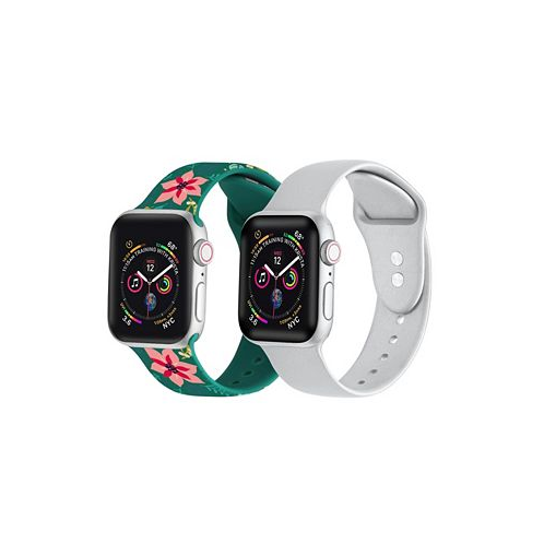Posh Tech Mens and Womens Green Floral Silver-Tone Metallic 2 Piece Silicone Band for Apple Watch 42mm