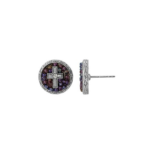 Symbols of Faith Pewter Purple Seeded Beads Crystal Cross Round Button Earring