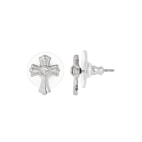 Symbols of Faith Silver-Tone Crystal Cross Stud Earrings