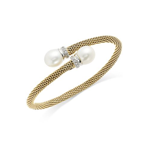 Macys Cultured Freshwater Pearl and Cubic Zirconia Mesh Cuff Bracelet in 14k Gold over Sterling Silver (10mm)