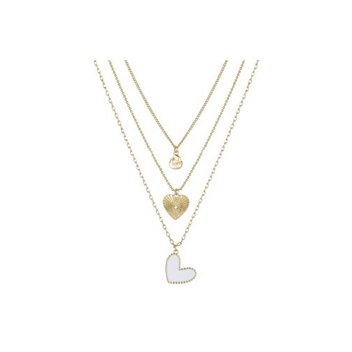 Unwritten 14K Gold Flash-Plated 3-Pieces White Enamel Genuine Crystal Heart Layered Pendants Set