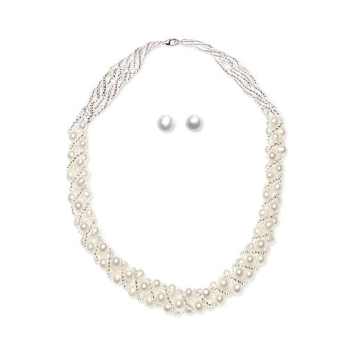 Macys Cultured Freshwater Pearl Woven Necklace (4mm) & Stud Earrings (6mm) Set in Sterling Silver