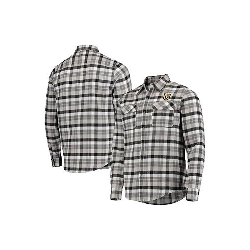 Antigua Mens Black and Gray Vegas Golden Knights Ease Plaid Button-Up Long Sleeve Shirt
