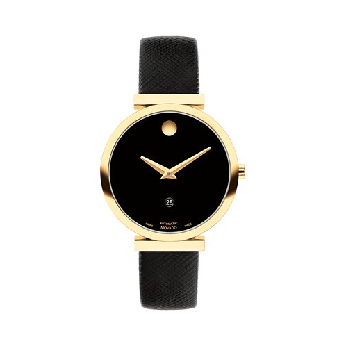 Movado Womens Museum Classic Swiss Automatic Black Genuine Leather Strap Watch 32mm