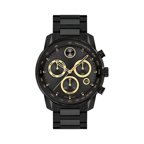 Movado Mens Bold Verso Swiss Quartz Chronograph Ionic Plated Black Steel Bracelet Watch 44mm