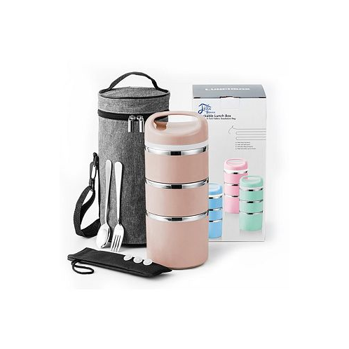 Lille Home Stackable Compartment Lunch Box With Lunch Bag Cutlery Set Pink Beige