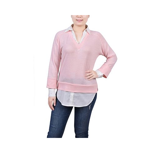 NY Collection Petite Long Sleeve Two-Fer Top