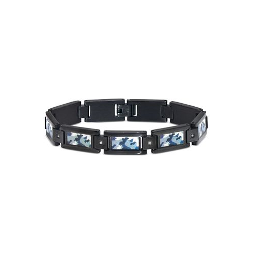 Macys Mens Diamond Accent Camo Carbon Fiber Link Bracelet in Black Ion-Plated Stainless Steel