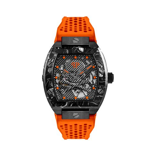 Philipp Plein Mens Automatic The $keleton Sport Master Orange Perforated Silicone Strap Watch 44x56mm
