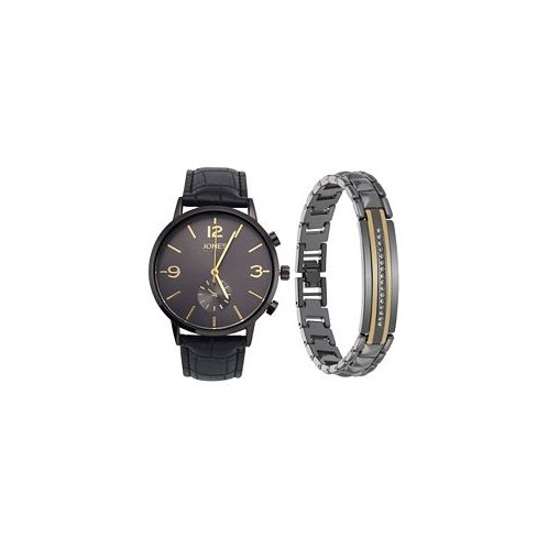 Jones New York Mens Analog Black Polyurethane Strap Watch 42mm and Bracelet Set
