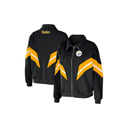 WEAR by Erin Andrews Womens Black Pittsburgh Steelers Plus Size Yarn Dye Stripe Full-Zip Jacket