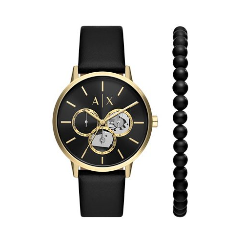 A|X Armani Exchange Mens Multifunction Black Leather Strap Watch 42mm and Black Onyx Beaded Bracelet Set