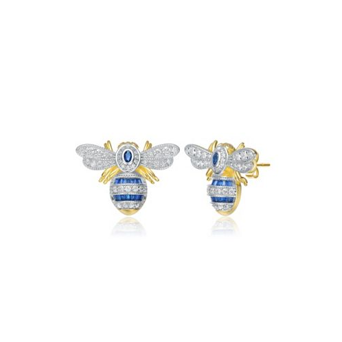 Genevive Sterling Silver 14k Yellow Gold Plated with Blue Sapphire & Cubic Zirconia Wasp Stud Earrings