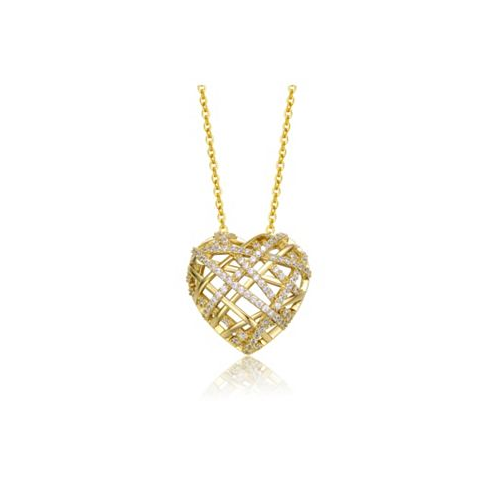 Genevive Sterling Silver 14k Yellow Gold Plated with Cubic Zirconia Knotted Ribbon 3D Puffed Heart Pendant Necklace