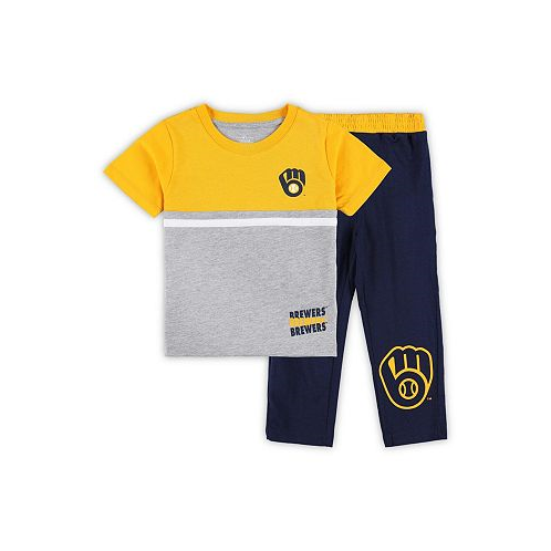 Outerstuff Toddler Boys and Girls Navy Gold Milwaukee Brewers Batters Box T-shirt and Pants Set