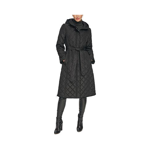 DKNY Womens Petite Hooded Belted Quilted Coat
