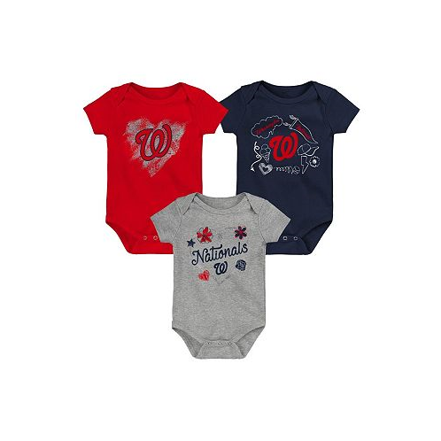 Outerstuff Girls Newborn and Infant Red Navy Heathered Gray Washington Nationals 3-Pack Batter Up Bodysuit Set