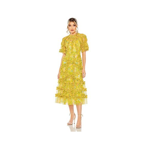Mac Duggal Womens Floral Flutter Sleeve Mesh Print Dress