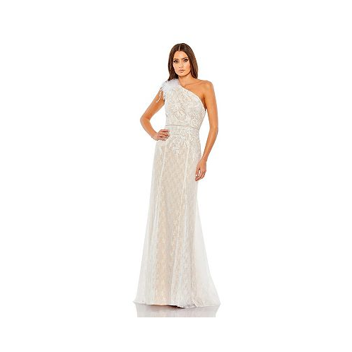 Mac Duggal Womens Lace Embellished Feathered One Shoulder Gown