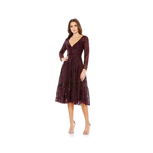 Mac Duggal Womens Lace Embellished Long Sleeve Ruffle Hem Dress