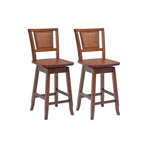 Costway Set of 2 Swivel Bar Stools Counter Height Rubber Wood Pub Chairs w/ Rattan Back