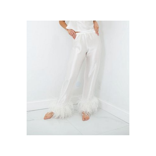 Le Laurier Bridal Womens Silk Pant - Ostrich Feather Trim Hem - Silk Collection