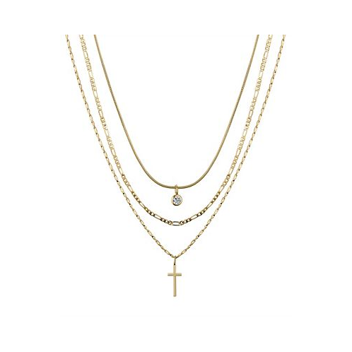 Unwritten Cubic Zirconia Bezel and 14K Gold Plated Cross Pendant Layered Necklace Set 3 Pieces