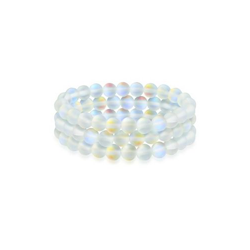 Bling Jewelry Set Of 3 Rainbow Iridescent Created White Moonstone Round Bead 8MM Stacking Strand Stretch Bracelet For Women Men Teen Unisex