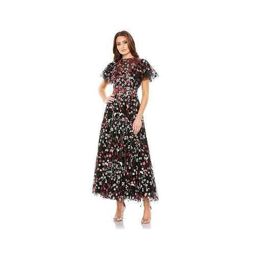 Mac Duggal Womens Embellished Butterfly Tea Length A Line Dress