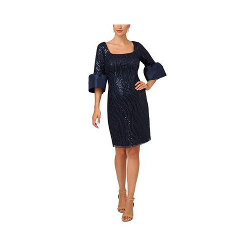 Adrianna Papell Womens Sequin-Embroidered Bell-Sleeve Dress